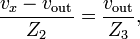 \frac{v_x-v_{\text{out}}}{Z_2}=\frac{v_{\text{out}}}{Z_3},